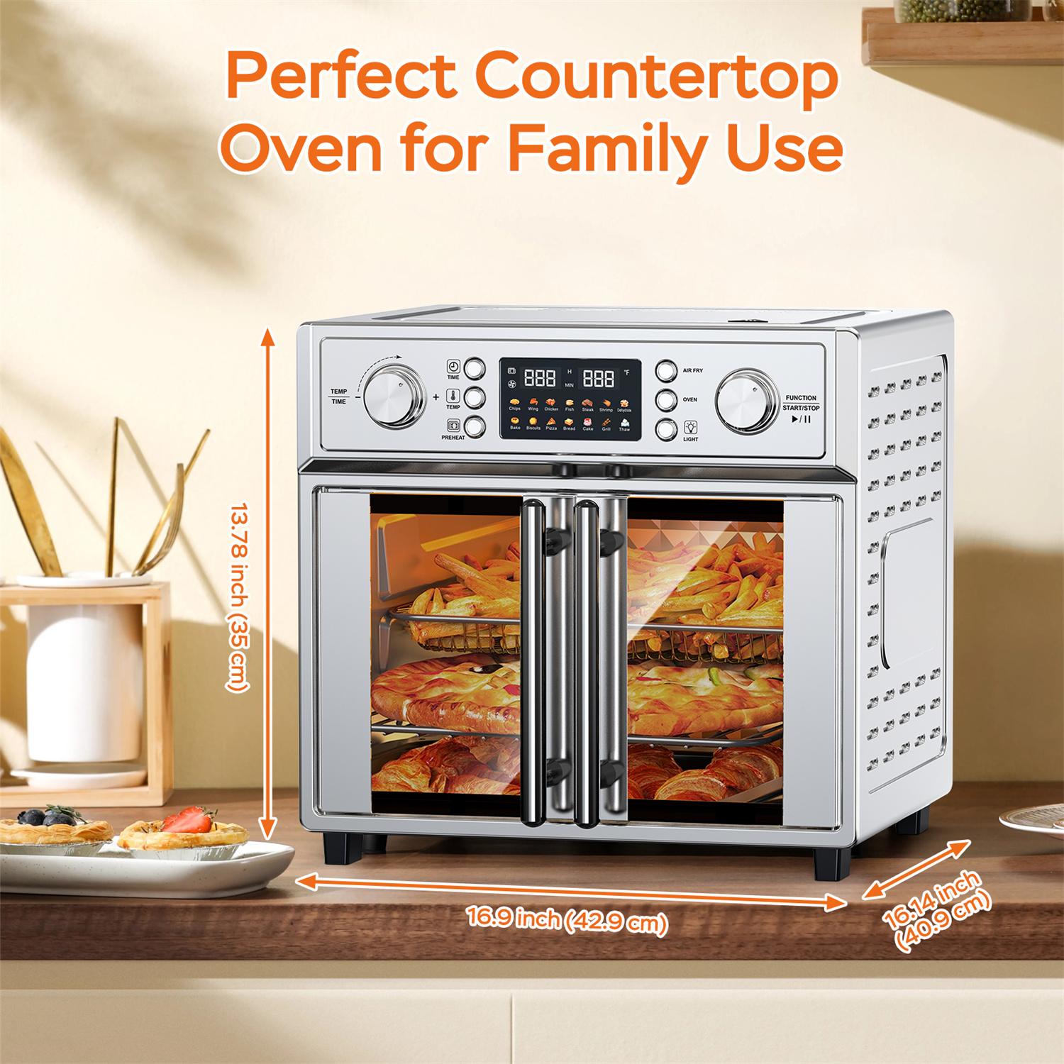 Plum Chef 27.5-Quart French Door Air Fryer Toaster Oven, 14-in-1 Combo Stainless Steel Countertop Oven with Digital Display & Dual Knobs, Silver