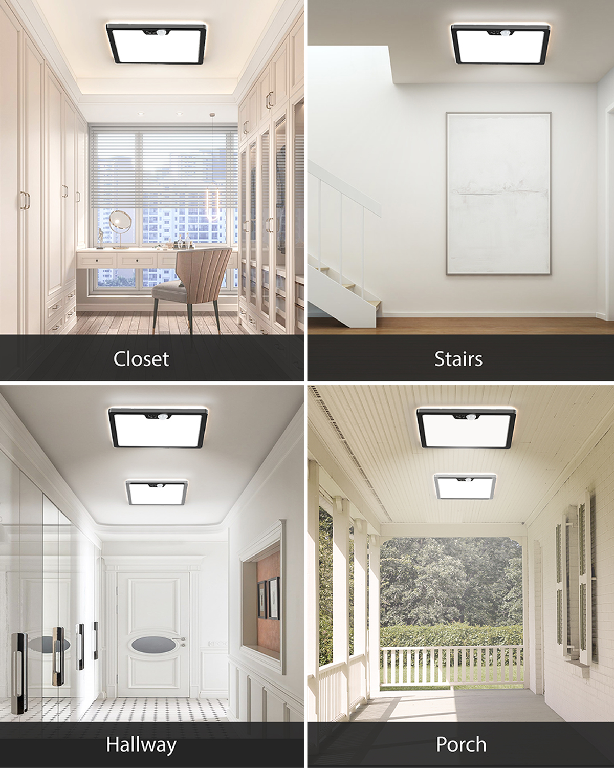 Annaror 12" Motion Sensor Ceiling Light Wired, 3000K 4000K 5000K Selectable, 24W Flush Mount Square Motion Ceiling Light with 3 Timer for Closet Porch Stairs Hallway,Black
