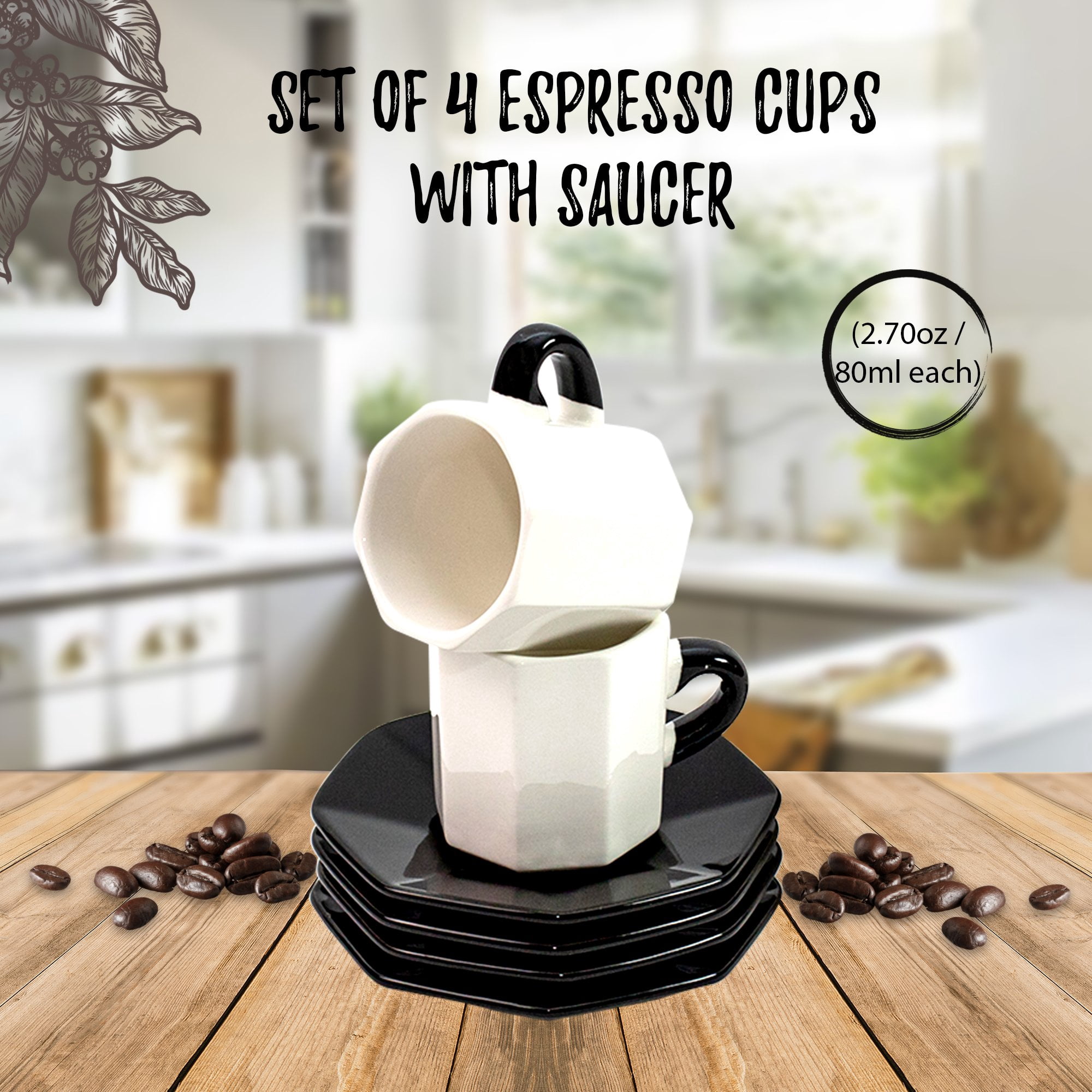 Bacimi Handcrafted Ceramic Octagon Espresso Cup W/ Saucers 2.70oz / 80ml 4 Pack