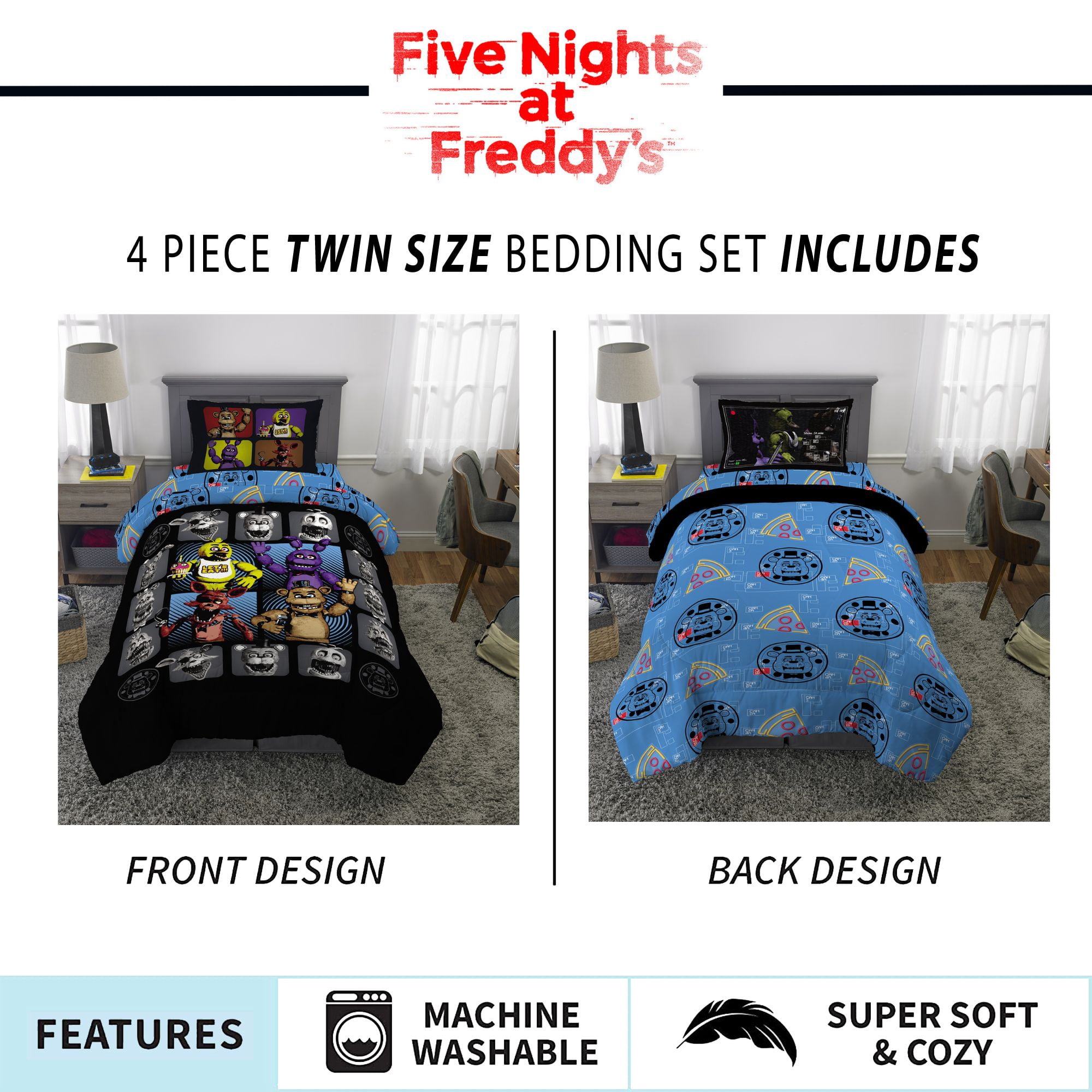 Five Nights at Freddy's Kids 4 Piece Black Blue Reversible Comforter, Bed in a Bag, Twin