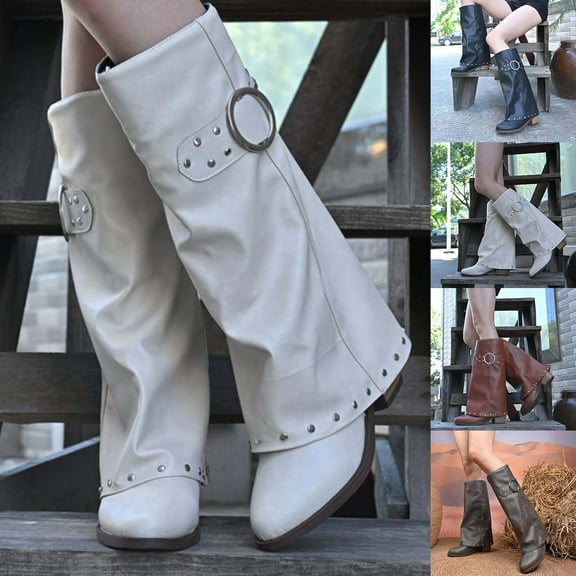 Miluxas Women Boots Fold Over Mid Calf Chunky Heel Cowboy Cowgirl Pull On Studded Boots for Women White 9.5(43)