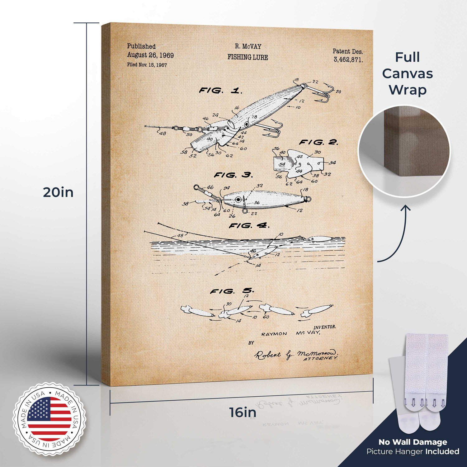Fisherman Gifts , Fishing Lure Patent Canvas Prints , Ready To Hang for Living Room Home Wall Art, C2617-16x20