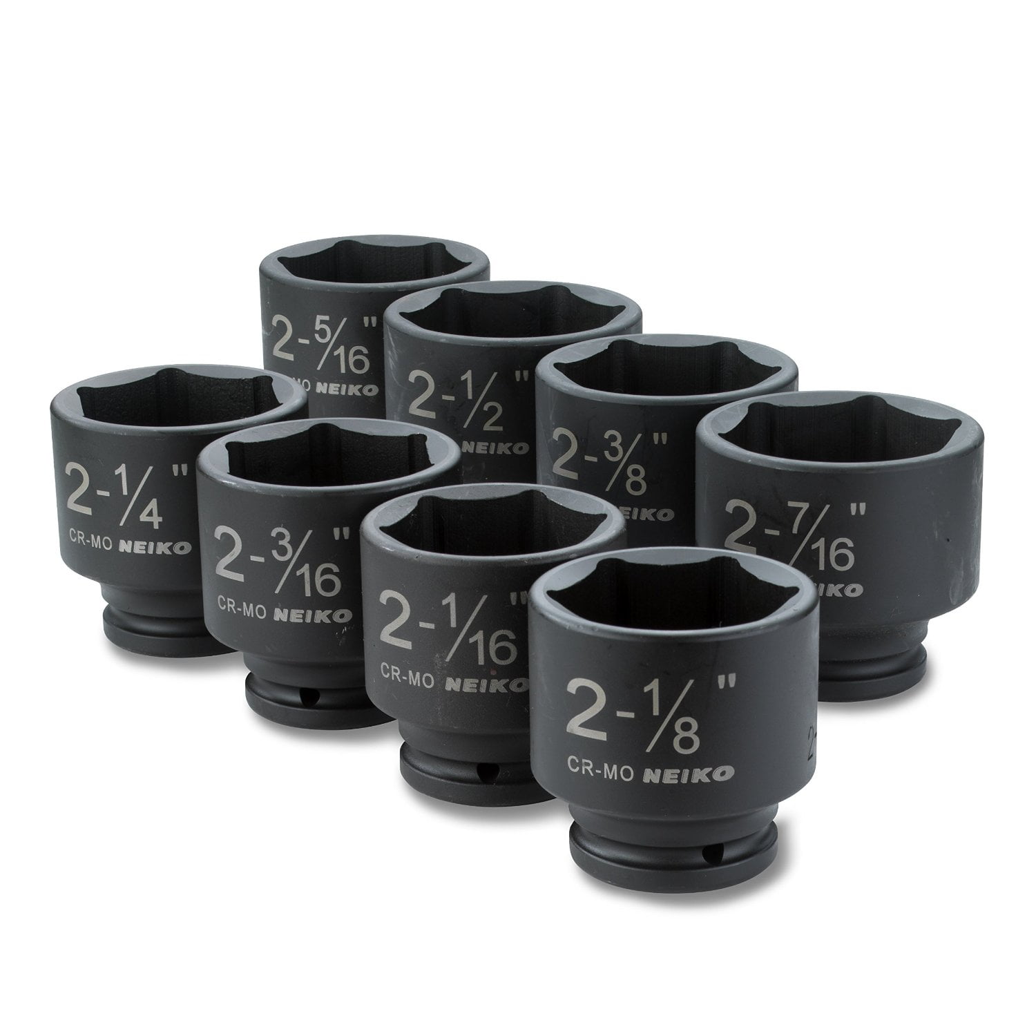 NEIKO 02392A 3/4" Impact Socket Set, 3/4” Drive, 8 PC Jumbo Sockets, SAE Standard Sizes 2-1/16 Inch to 2-1/2 Inch, Chrome-Moly Cr-Mo Steel