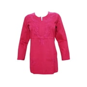 Mogul Womans Top Cotton Chikan Dark Pink Floral Embroidered Kurti Tunic Blouse