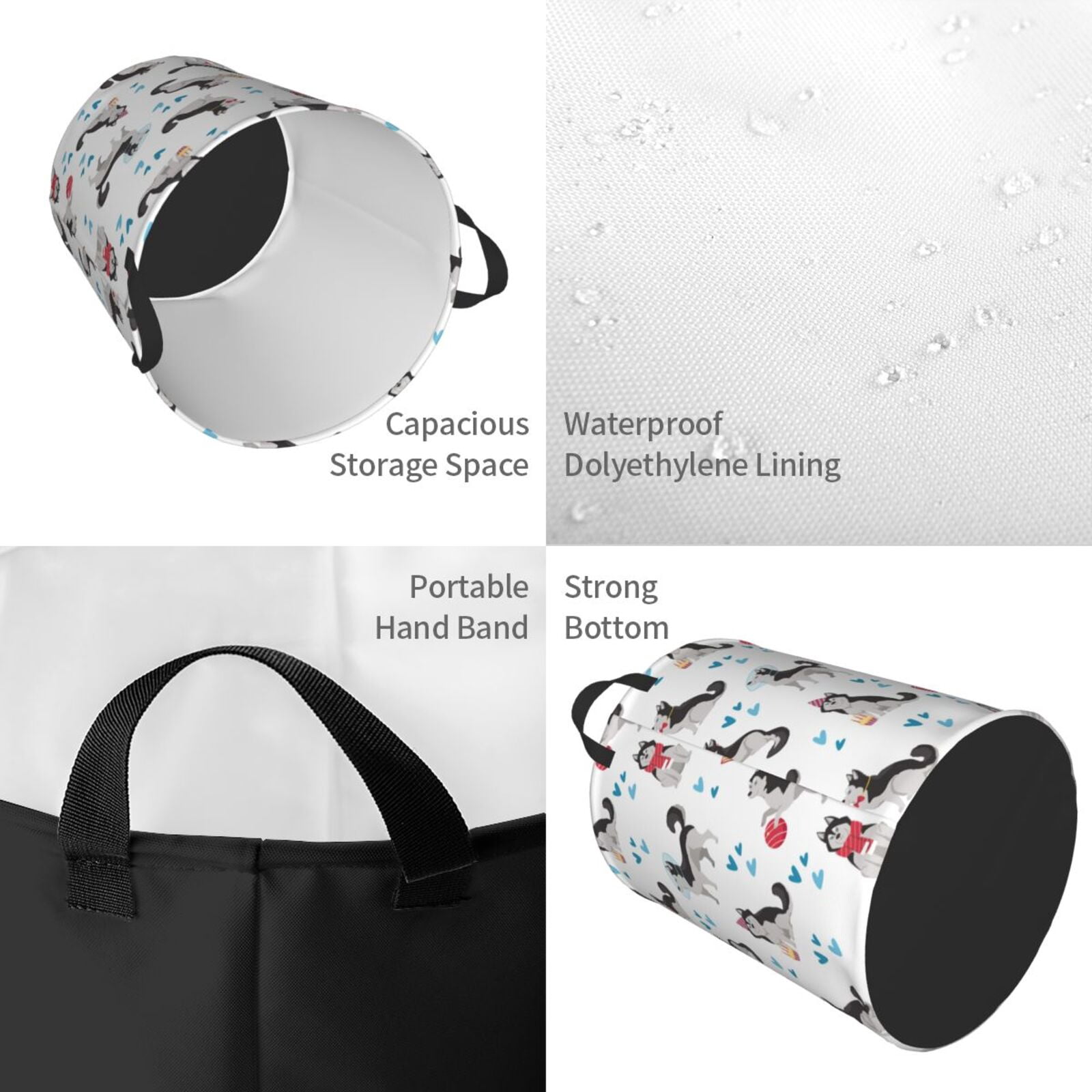 Large Laundry Basket with Handles - Cartoon Cute Husky Dog Funny Kids Baby Dirty Clothes Laundry Hamper for Bedroom Aesthetic