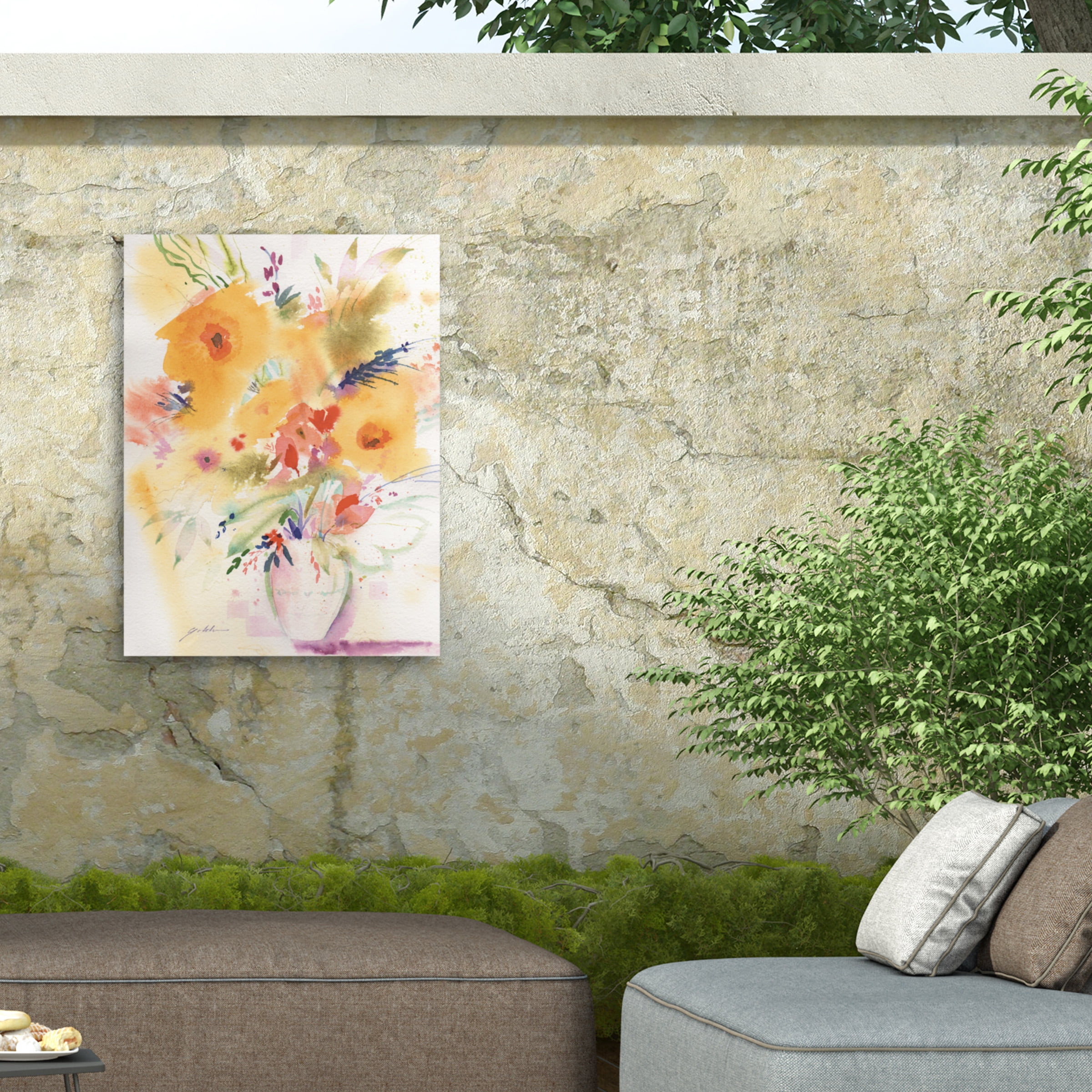 Sheila Golden 'Vivid Yellow Bouquet' Outdoor Canvas 47x35