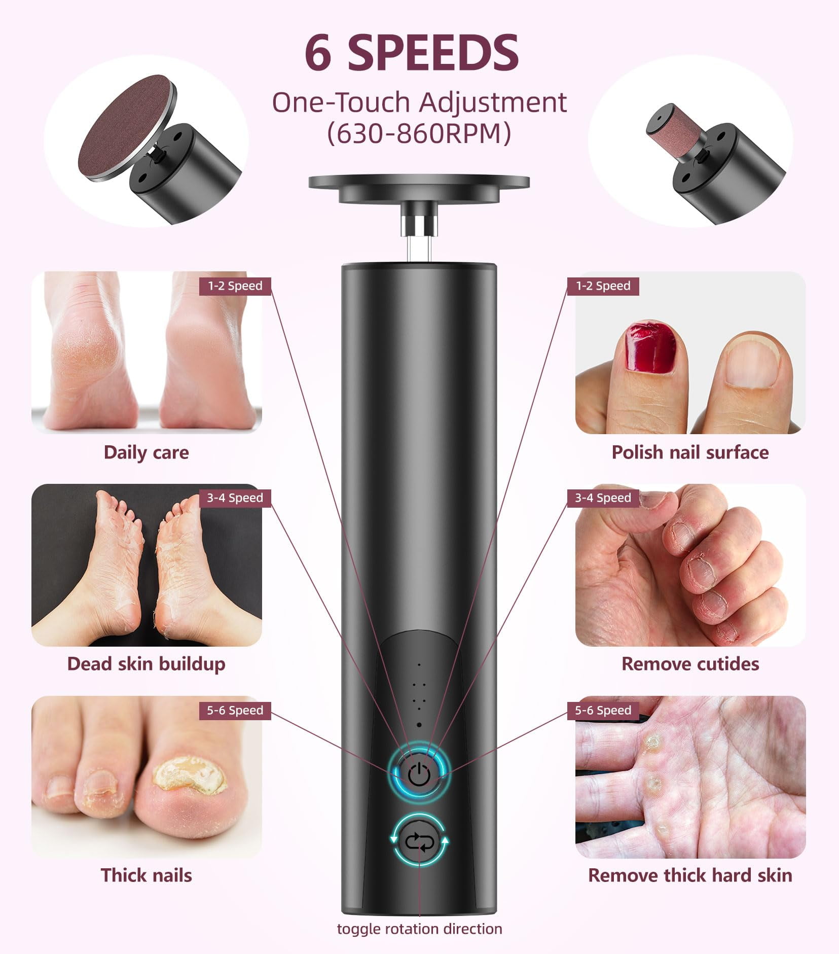 JUUTREN Electric Callus Remover for Feet, Foot File Nail Drill 2 in 1, Rechargeable Dermave Foot Callus Remover With 30pcs Sandpaper Disk, Professional Pedicure Tools for Dry Dead Skin, 6 Speed