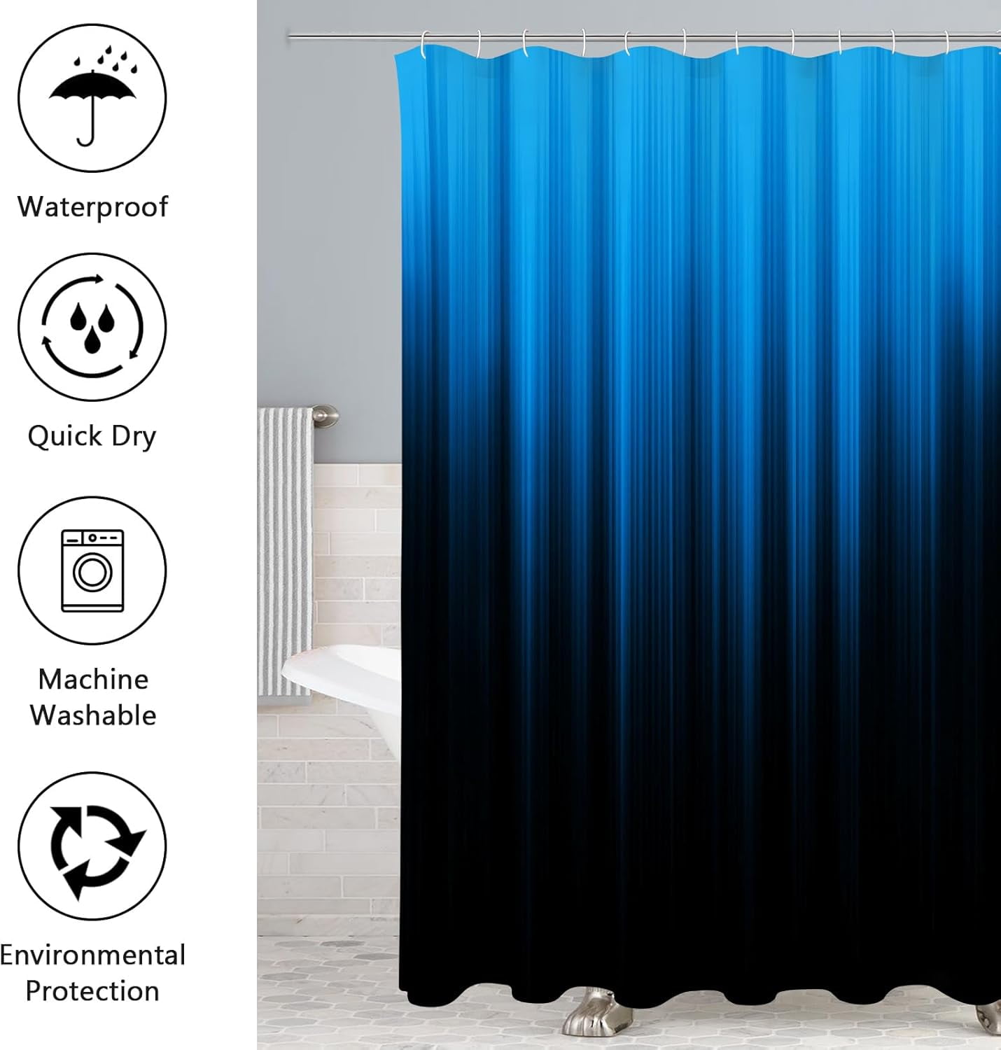 4 Pcs Teal and Black Shower Curtain Bathroom Set with Rugs, Toilet Lid Cover and Bath Mat, Gradient Teal Shower Curtain with 12 Hooks, Bathroom Decor Set