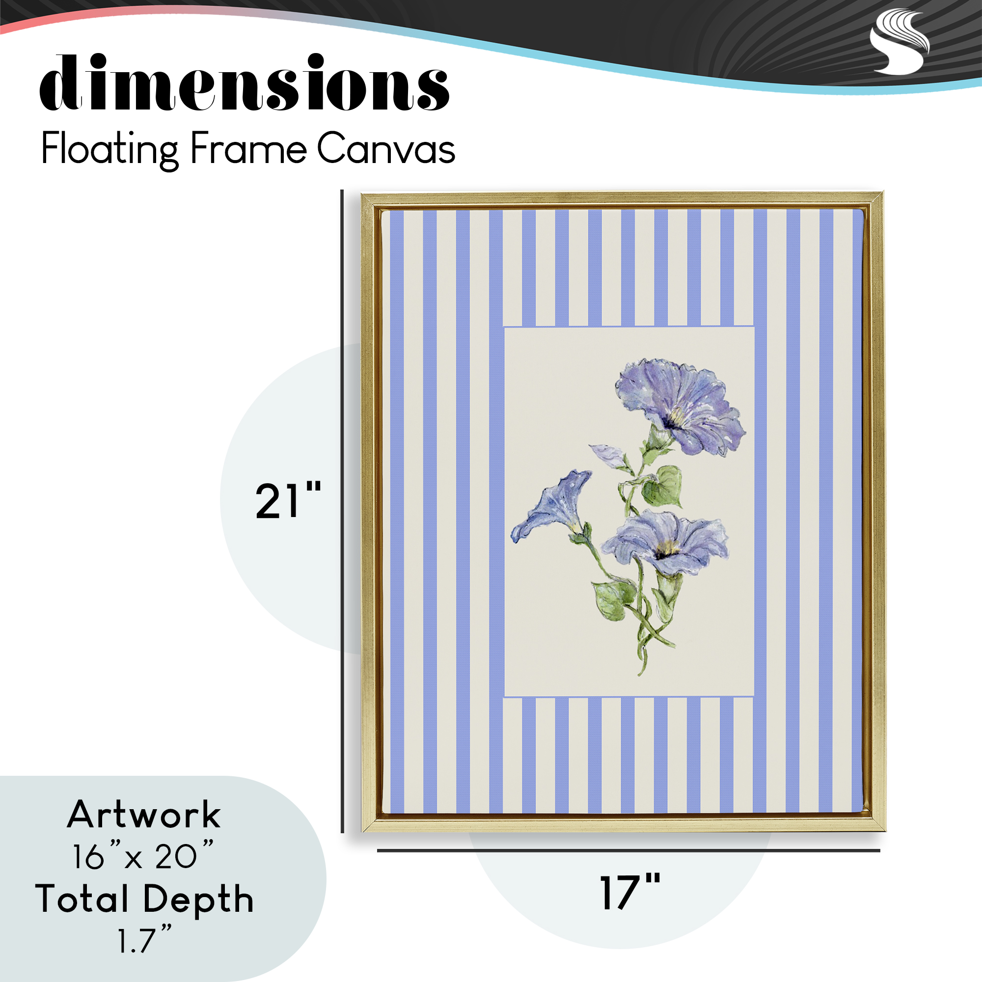 Blue Stripe Morning Glory Gold Framed Floater Canvas Wall Art, design by Lisa Wehmeyer
