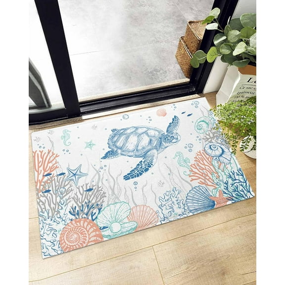 Shag Bath Rugs Sea Turtle Coastal Coral Summer Ocean Plush Soft Fluffy Doormat Floor Carpet,Non-Slip Living Room Bedroom Kitchen Entryway Door Mats Nautical Beach Shell Conch