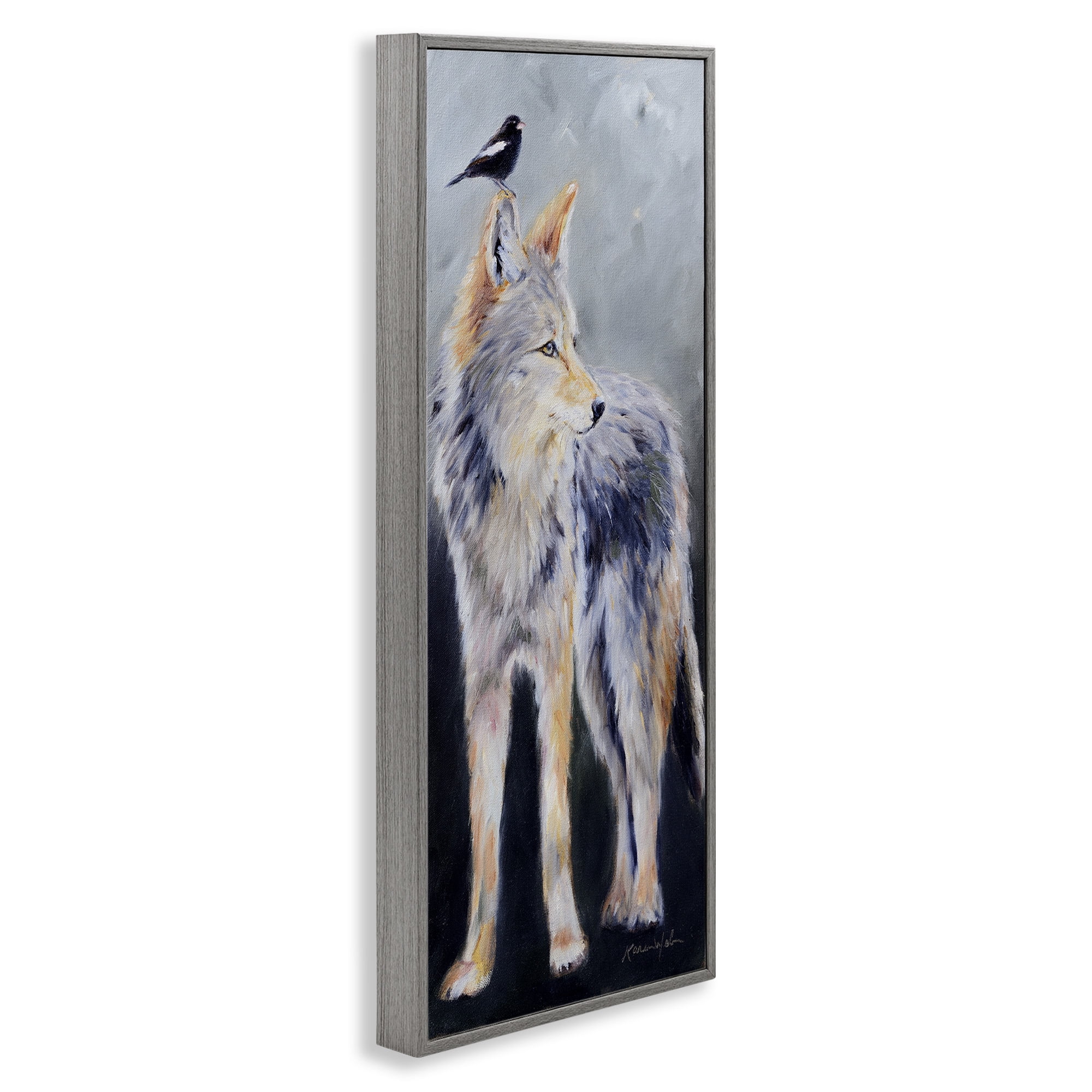 Stupell Industries Wild Coyote & Black Bird Animals & Insects Painting Gray Framed Art Print Wall Art, 13 x 30