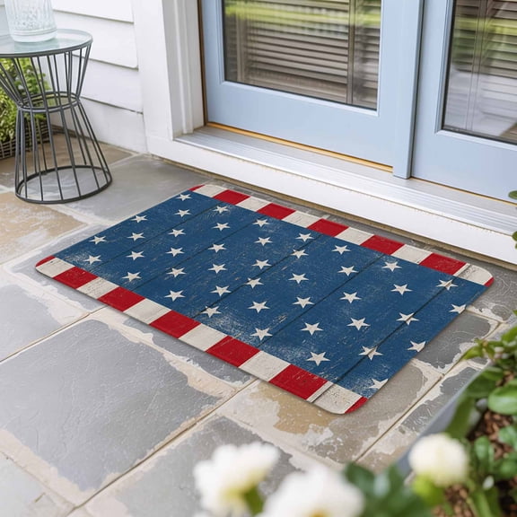 4th of July Door Mat Indoor Outdoor, Retro Wood Patriot Independence Day Non Slip Welcome Mat with Rubber Backing, Absorbent Fabric Front Door Mats Entryway Rug for Home Patio Entrance 24"x36"
