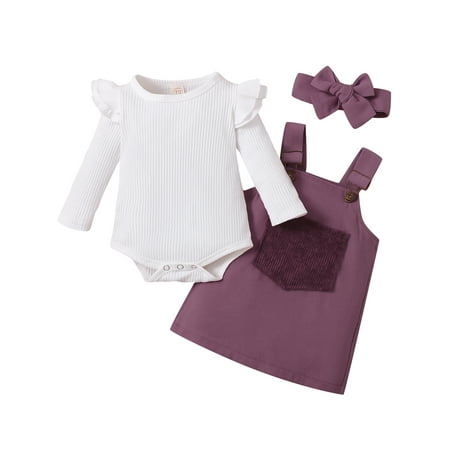 

Calsunbaby Kids Baby Girls Autumn Outfits Set Long Sleeve Ruffle Tops Romper Suspender Skirt Dress Clothes Purple 3-6 Months