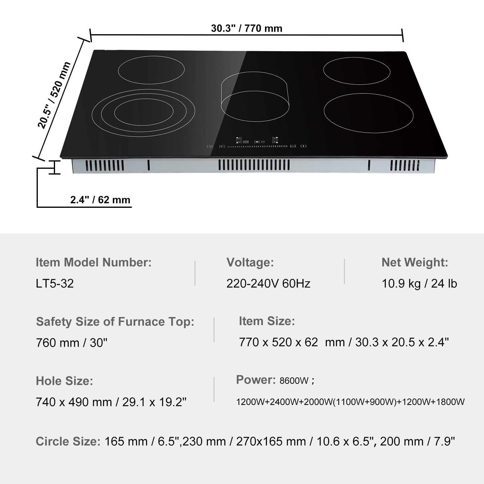 BENTISM 8600W Built-in Electric Cooktop Radiant Ceramic Induction Cooktop Cooktop 5 Burners Sensor Touch Stove 30.3''x20.5''