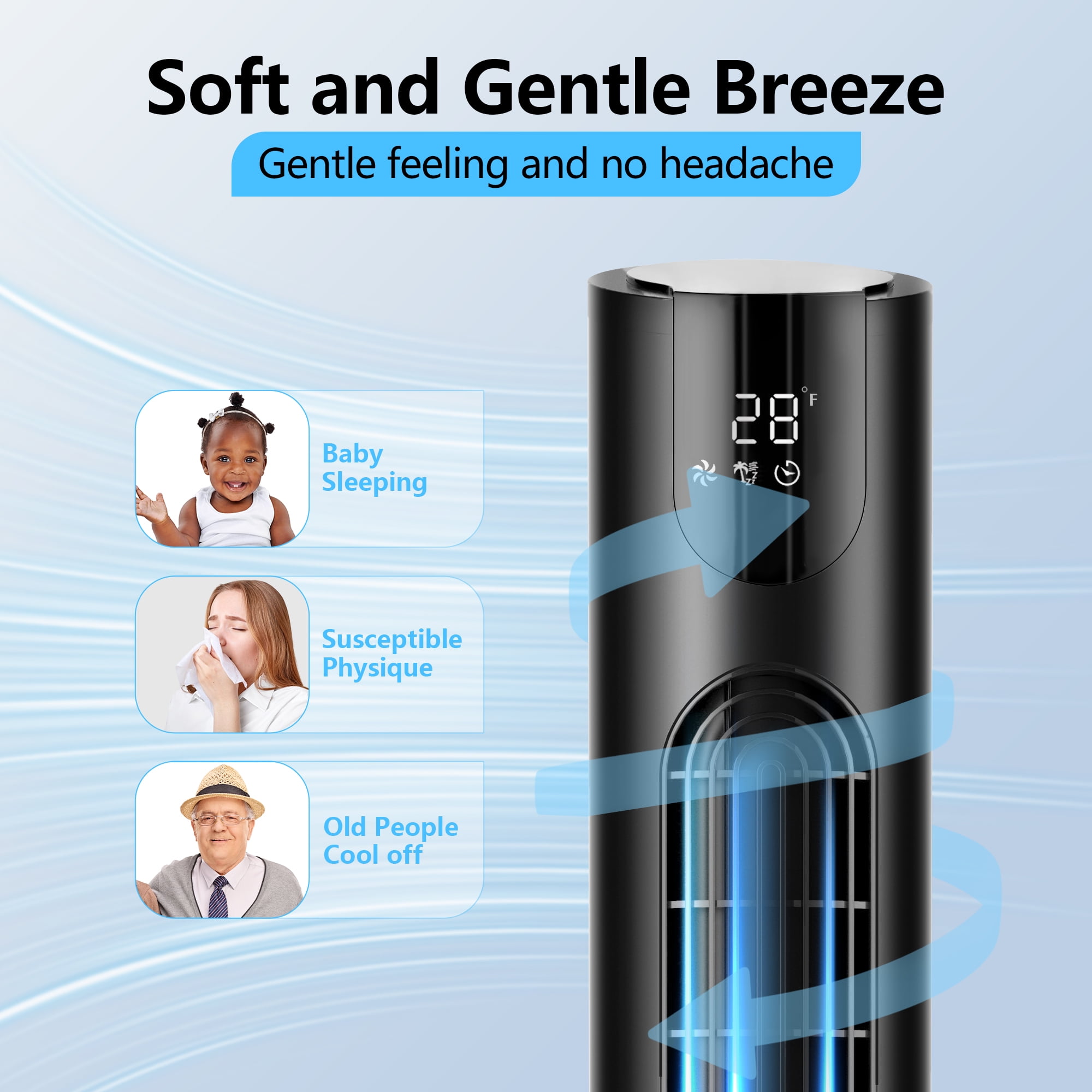 Qunler 45" Tower Fan with Remote, 8 Speed , 4 Modes, 12H Timer, Oscillation, Standing Fan for Bedroom, Office, Home, Black