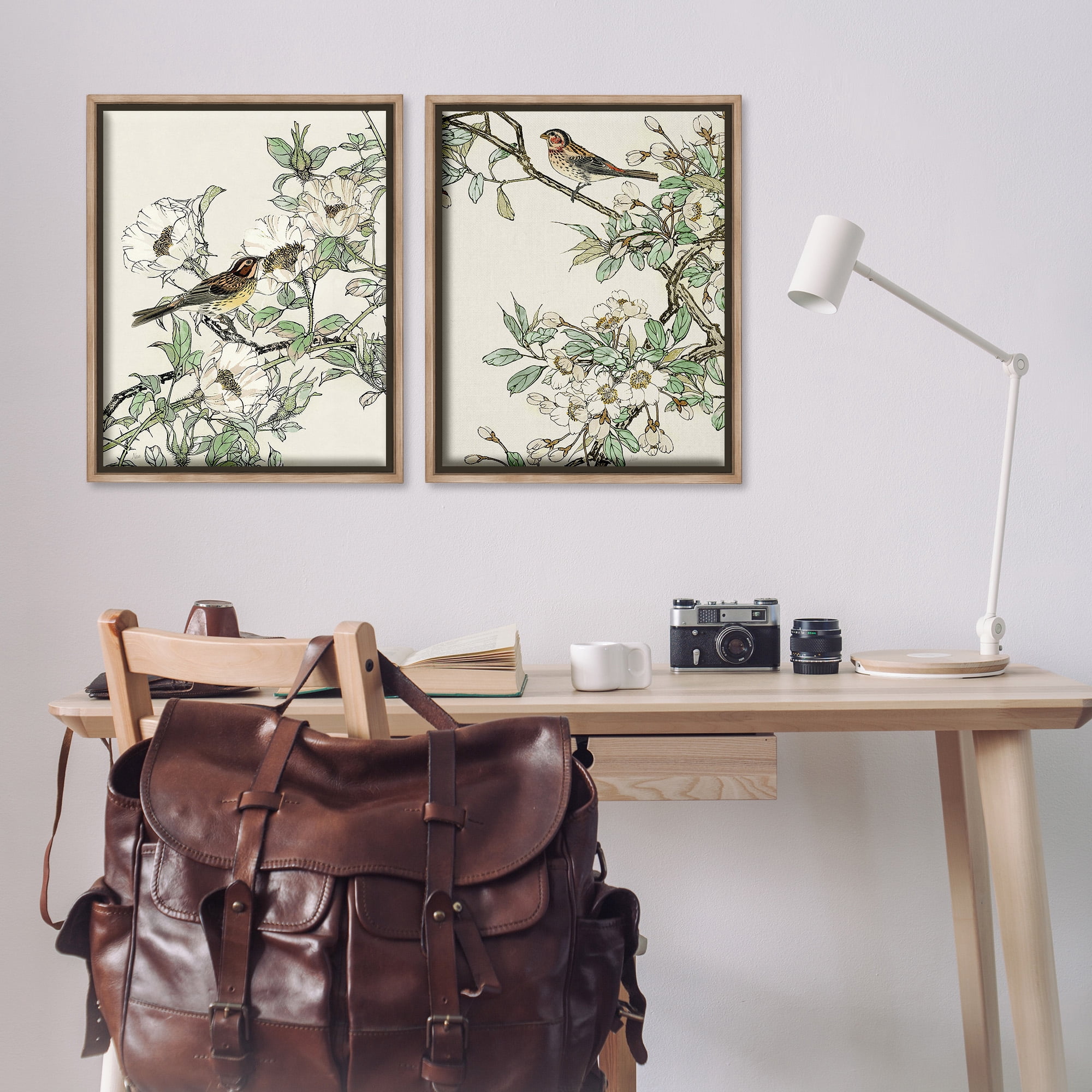 Stupell Industries Classic Sparrow on Blossoms Animals & Insects Painting Brown Floater Framed Canvas Art Print Wall Art, 25 x 31, Set of 2