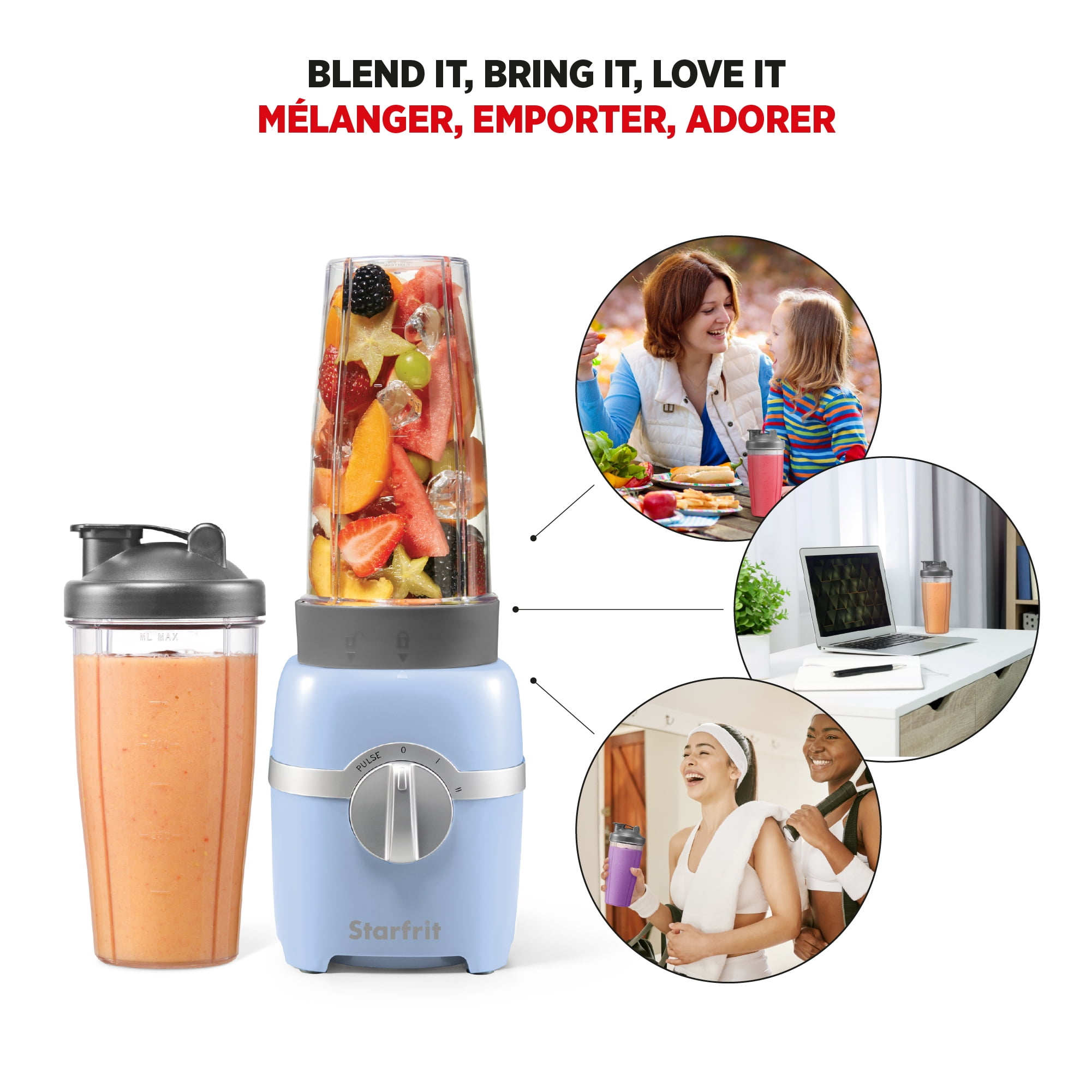 Starfrit 7 pcs  Personal Blender, 2 x 28oz (828ml) cups, 2 x travel lids, 2 blades, 3 speed modes: Low, High & Pulse, 300W, Blend smoothies, shakes, and soups with ease! The Starfrit Personal Blender has a 300W motor, 3 speeds, 2 tumblers with lids, and safety features. Dishwasher-safe and BPA-free for quick, safe, and convenient use.