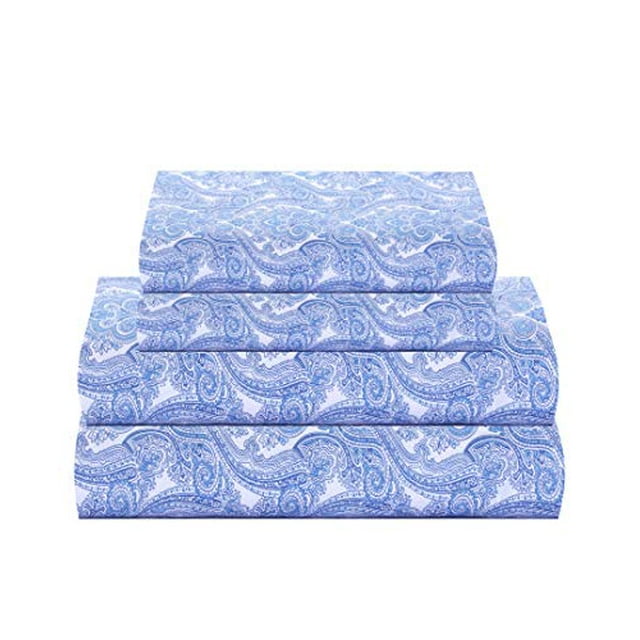 Feather & Stitch Softest 100% Cotton Sheets, 4 Pc Set, 300 Thread Count Percale Weave Bedding, 16" Deep Pocket, Cooling Sheets, Breathable Bed Set (Queen, Blue Paisley)