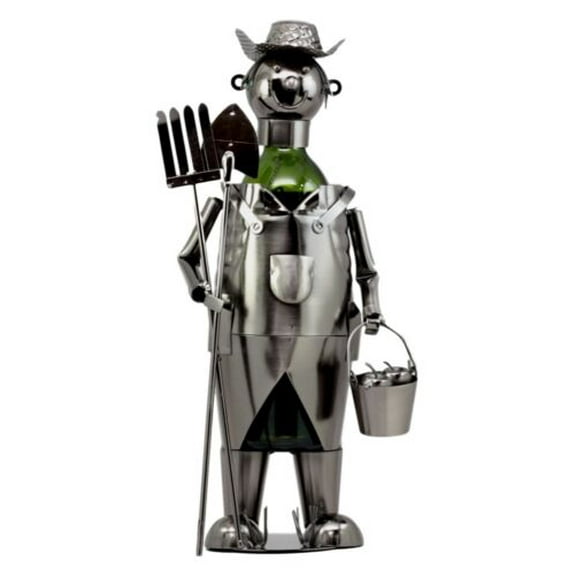 Old Rural Country Farmer With Shovel & Pitchfork Wine Holder Steel Metal Decor