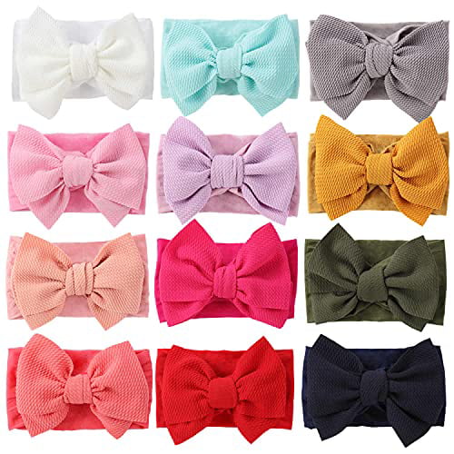 Cinaci 12 Pack Solid Stretchy Wide Headbands with Big Knot Bow Headwraps Hair Accessories for Baby Girls Infants Toddlers Kids 