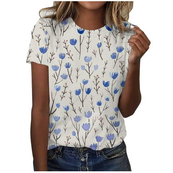 EQWLJWE Summer Tops For Women Womens Tops Clearance Women Oversize Summer Casual Short Sleeve Round Neck Printed Sleeve Tops Loose Blouse