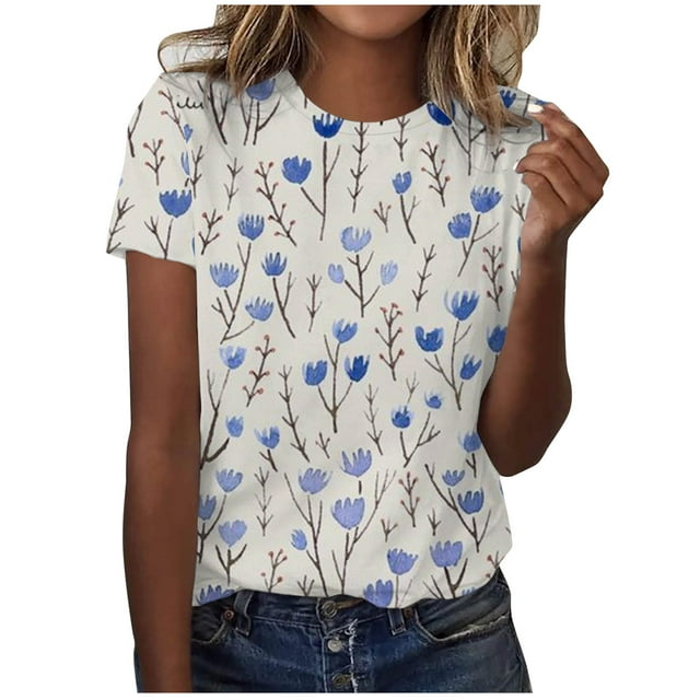 Pompotops Femmes Oversize Été Casual Manches Courtes Col Rond Imprimé Manches Tops Chemisier en Vrac