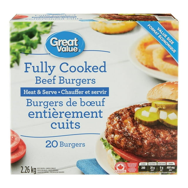 Burgers de bœuf surgelés Great Value entièrement cuits 20 x 113 g, 2,26 kg