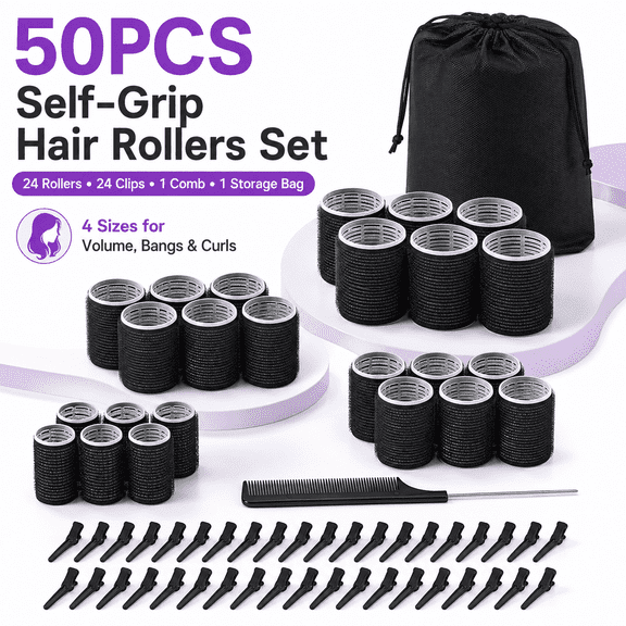 TAVENE 50‑Pcs Self‑Grip Curler Set, 4‑Size Rollers with 24 Clips, for Multi‑Length Hair, Volume Blowout Styling