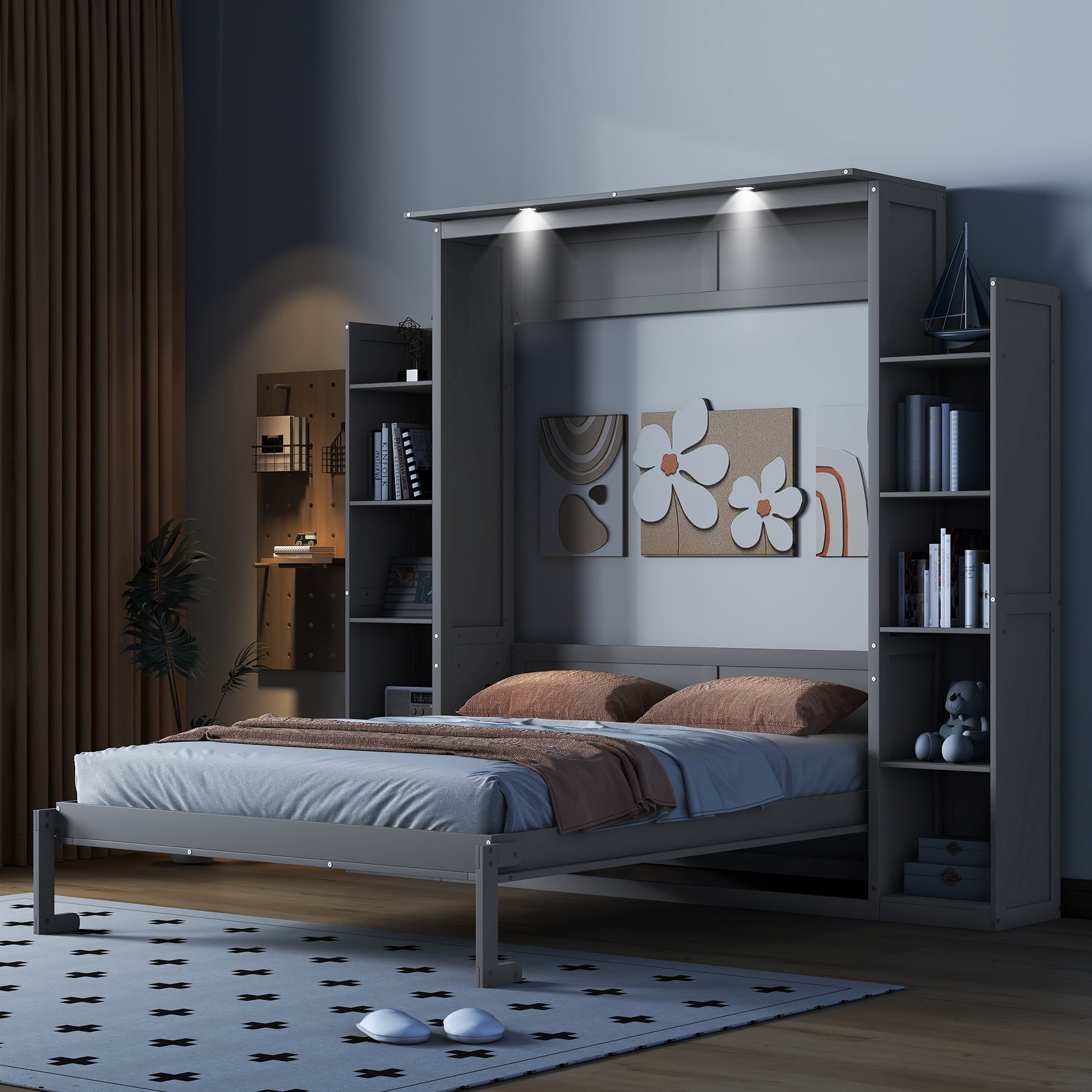 Mintazer Queen Size Murphy Bed with Side Bookcases & LED Lights, Folding Wall Cabinet Bed with Storage for Guest Room Home Office Apartment, Grey