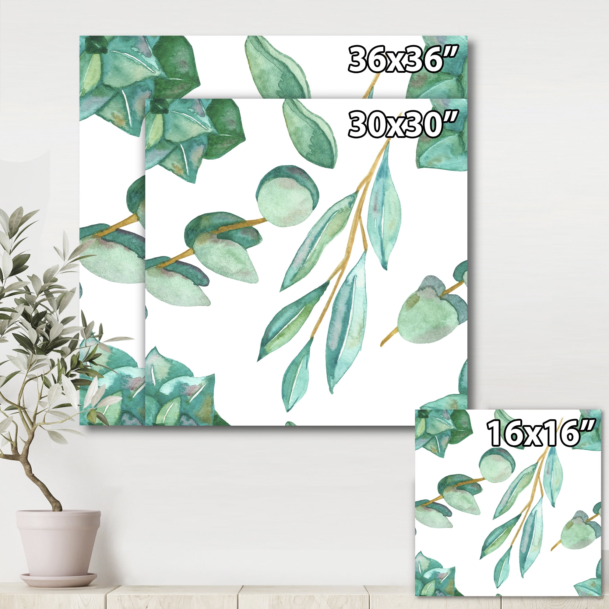Designart ' Young Eucalyptus Branches and Leaves III ' Traditional Canvas Wall Art Print