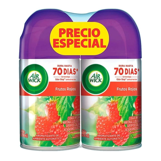 repuesto de aromatizante ambiental air wick frutos rojos 2 pzas de 250 ml c/u — Vista frontal de dos recambios cilíndricos con tapa morada; etiquetas con logo Air Wick, leyenda "dura hasta 70 días" y imagen de frutos rojos, para uso en aromatizador automático, presentación rendidora y aroma agradable para el hogar.
