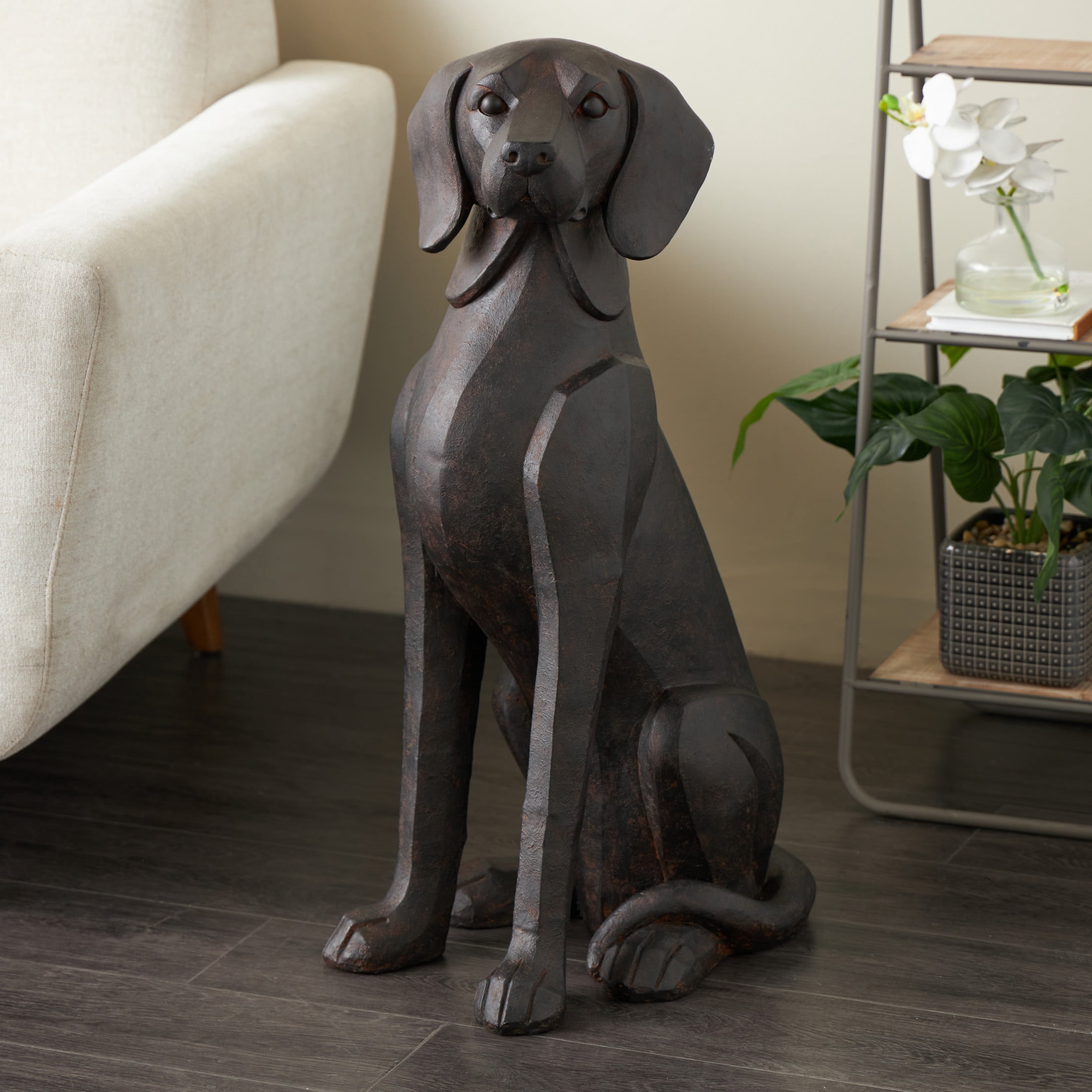 10" x 30" Dark Brown Resin Sitting Dog Sculpture with Copper Shadings, by DecMode