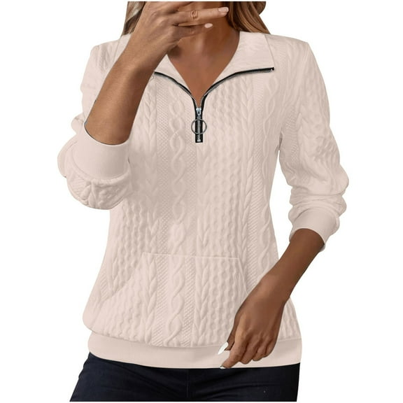 Women's Solid Color Lapel Zipper Sweatshirt, Lightweight Breathable No Hood Pullover Top with Casual Comfort Fit for Four Season Daily Wear, Travel, Home, Vacation and Street Fashion Beige L