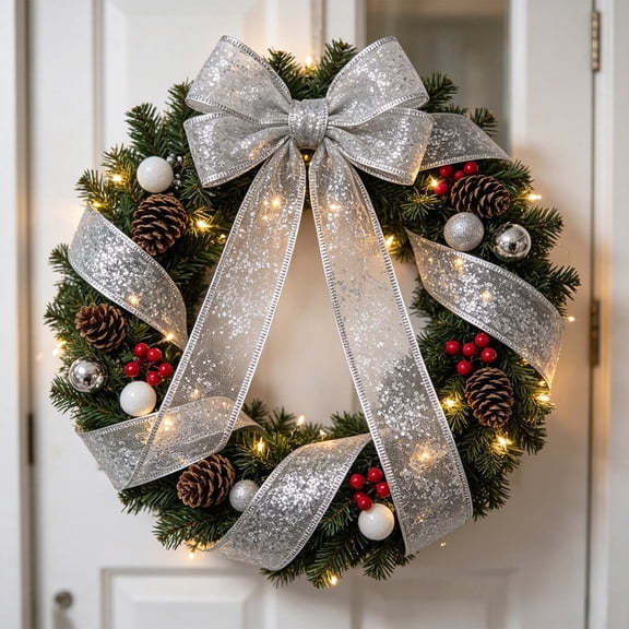 BSJJY 354" Bright Silver Sparkly Christmas Ribbon, Eye-Catching Glitter Finish, Durable and Flexible Plastic, Perfect for Gift Boxes, Wreaths, Doorways, Trees, or DIY Holiday Decorations