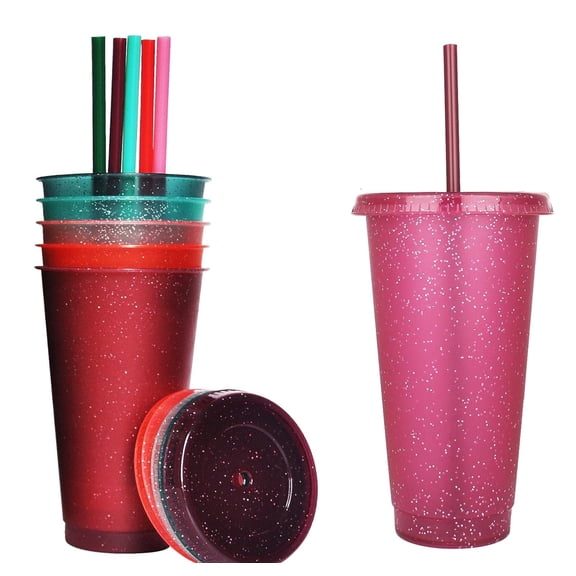 Glitter Plastic Cups for Cold Drink Iced Coffee,TGY 5 Pack 24oz Plastic Tumblers with Lids and Straw,Reusable Cups for Party Birthday Gifts