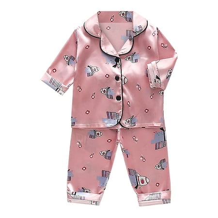 

Girls Boys Pajamas Shorts Set Satin Cartoon Button Down Shirt Tops + Long Pants Silk Sleepwear Outfits Loungewear Set Little Girls Nightgowns Size 80 Pink