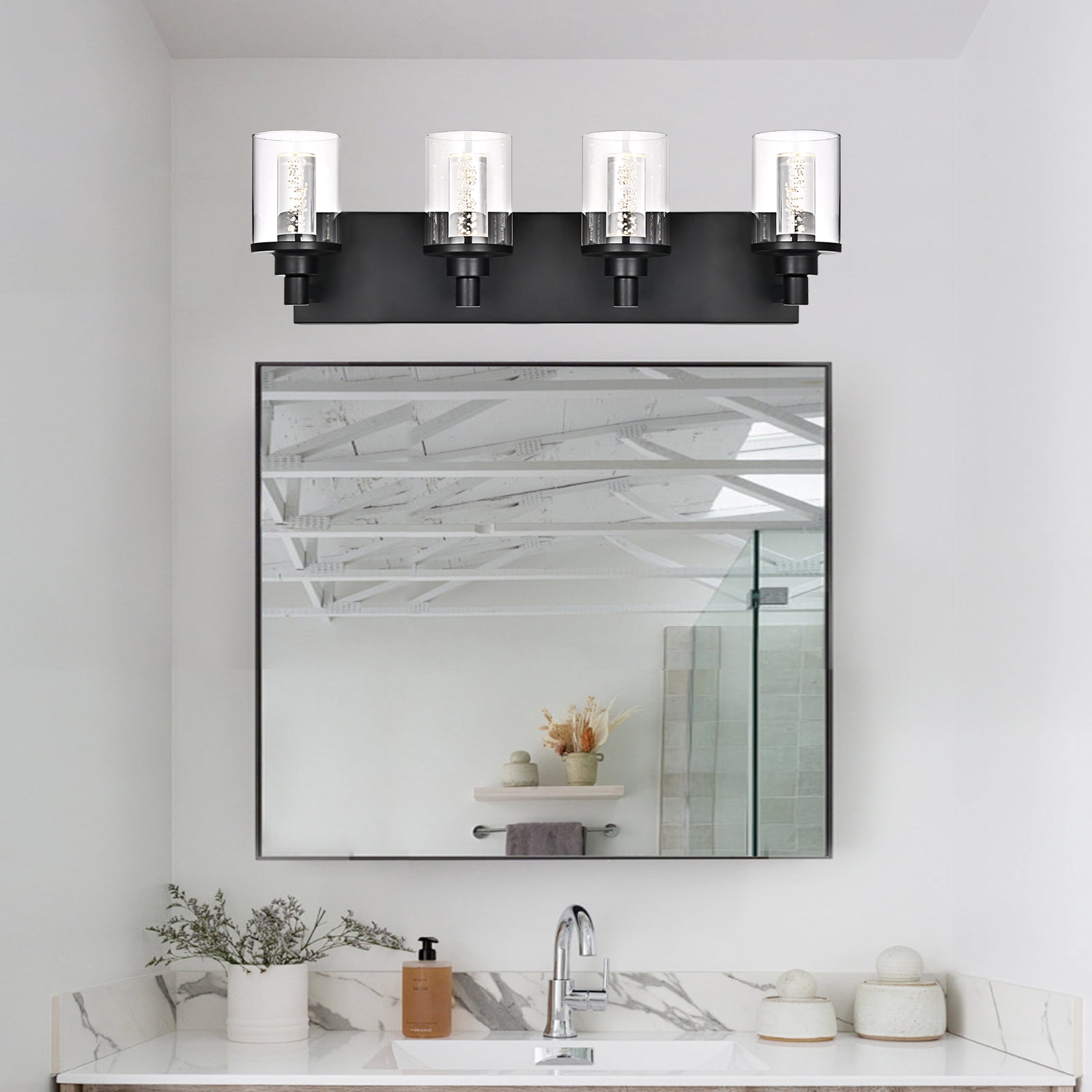 Melucee 5CCT Dimmable LED Black Vanity Lights 4-light, Modern Vanity Lighting Fixtures with Crystal Light Columns and Clear Glass for Bathroom Bedroom