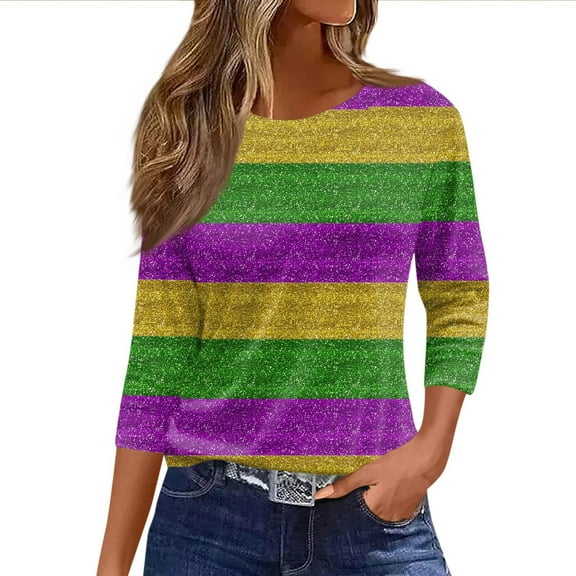 JGNGSHN Women Mardi Gras 3/4 Length Sleeve Shirts Carnival Themed Party Cruise T-Shirts Mask Graphic Clothes Crew Neck Shirt Comfy Trendy Tees