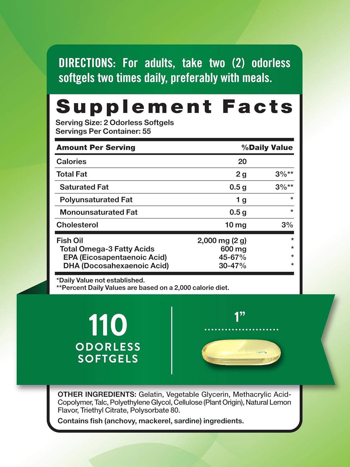 Odorless Fish Oil 2000mg | 110 Liquid Softgels | Omega 3, Burpless Supplement | by Nature's Truth
