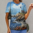 thumbnail image 6 of Lighthouse Sunrise Coast Scenery Pale Blue Tan Women's Short Sleeve T-Shirt Crew Neck Casual Summer Trendy Loose Fit Tops, 6 of 6