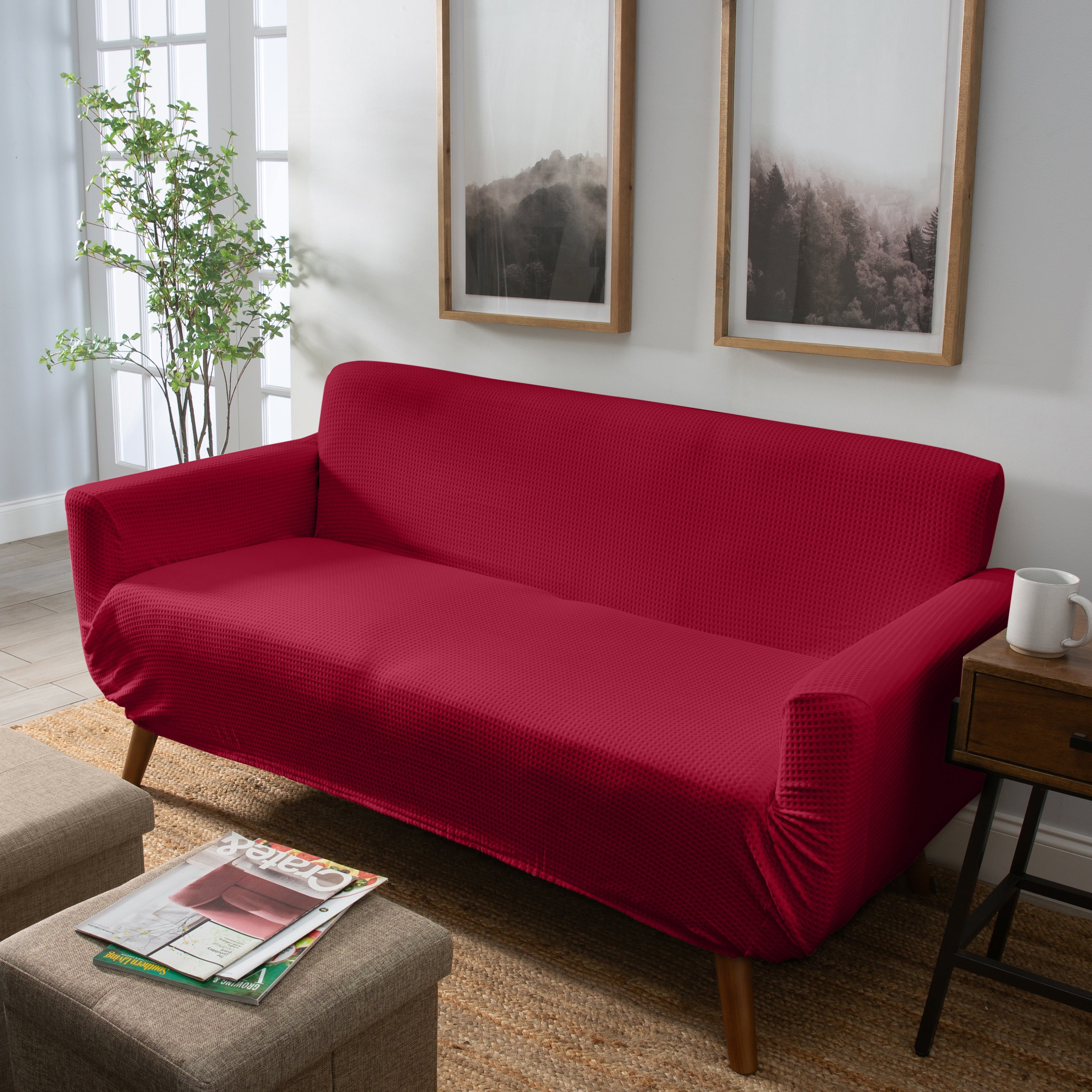 Home Details Waffle Design Polyester Love Seat Furniture Slipcover in Burgundy