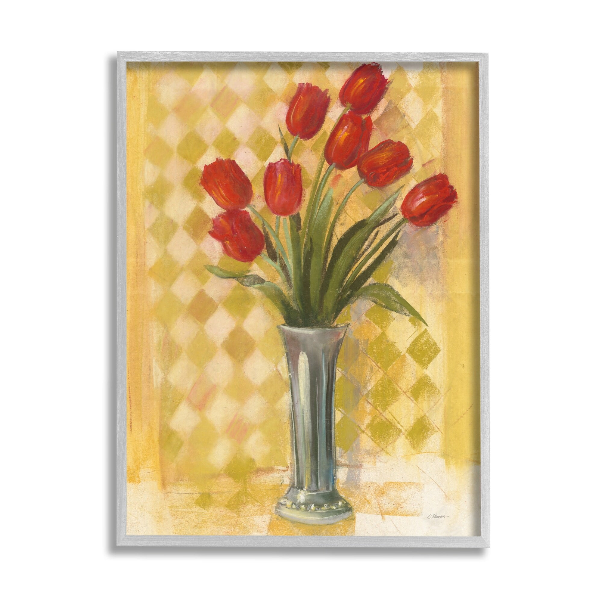 Stupell Industries Red Tulip Vase over Yellow Checker Plaid Black Framed, 16 x 20, Design by Carol Rowan