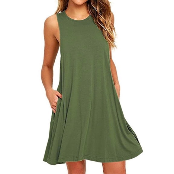 Women Summer Casual T Shirt Dresses Beach Cover up Plain Pleated Tank Dress