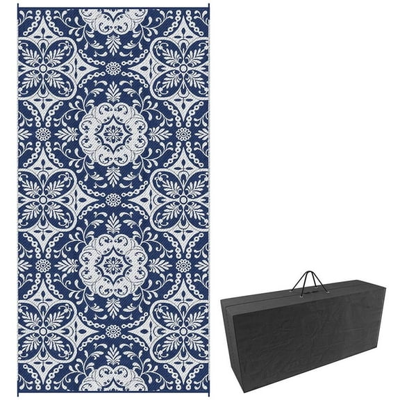 Resenkos Floor Mat Carpet,Indoor Door Mat,Reversible Outdoor Rug, 9'x 18' Waterproof Straw Floor Mat, Portable RV Camping Carpet,Blue & White Floral