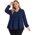 thumbnail image 1 of Women's Plus Size Casual Blouse Pleated V Neck Lace Solid Color Tops Navy Blue 4X, 1 of 6