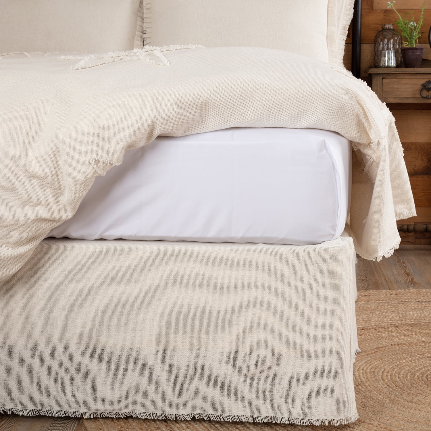 Antique White Farmhouse Bedding Veranda Burlap Tan Cotton Split Corners Tailored Cotton Burlap