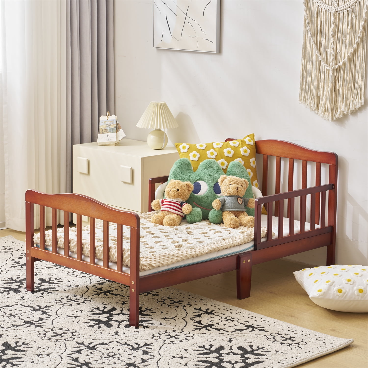 Ktaxon Baby Toddler Bed Solid Wood Bedroom Furniture with Safety Rails Espresso