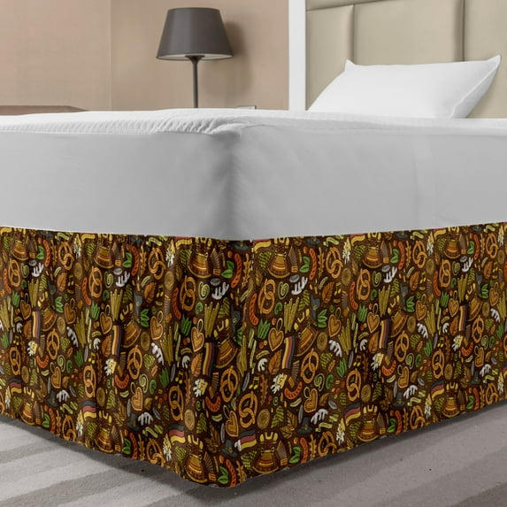 German Bed Skirt, Cartoon Style Deutschland Pattern with Flag Hops and Pretzels Hand Drawn Doodle, Elastic Bedskirt Dust Ruffle Wrap Around for Bedding Decor, 4 Sizes, Multicolor, by Ambesonne