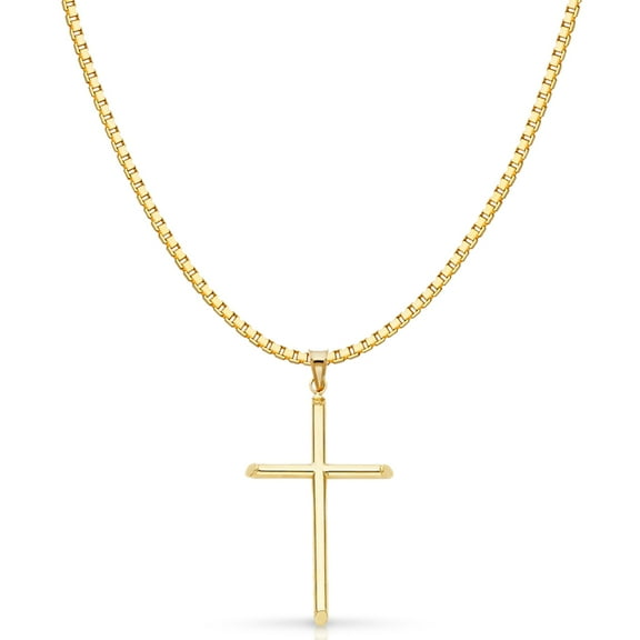 14K Yellow Gold Classic Cross Religious Charm Pendant with 1.2mm Box Chain Necklace