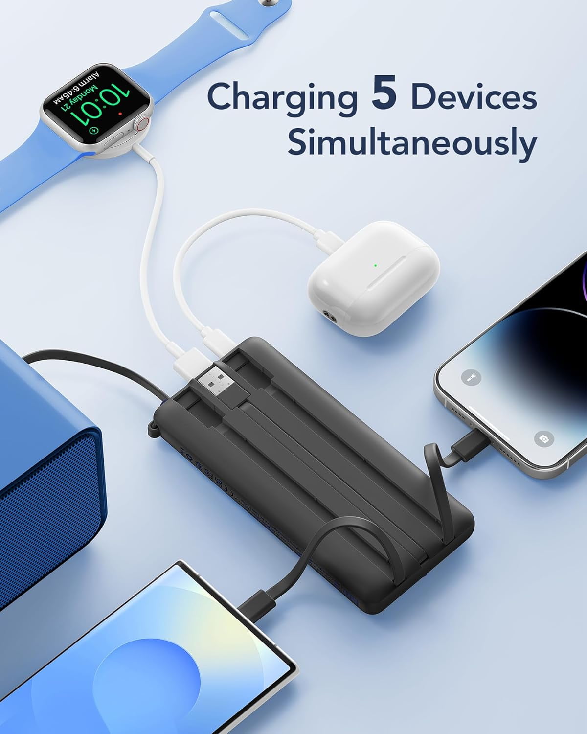 Portable Charger with Built in Cables, Slim Power Bank 10000mAh, USB C Travel Battery Pack, 5 Output 2 Input External Charging for iPhone 17 16 15 14 13,,Android-(1 Pack)